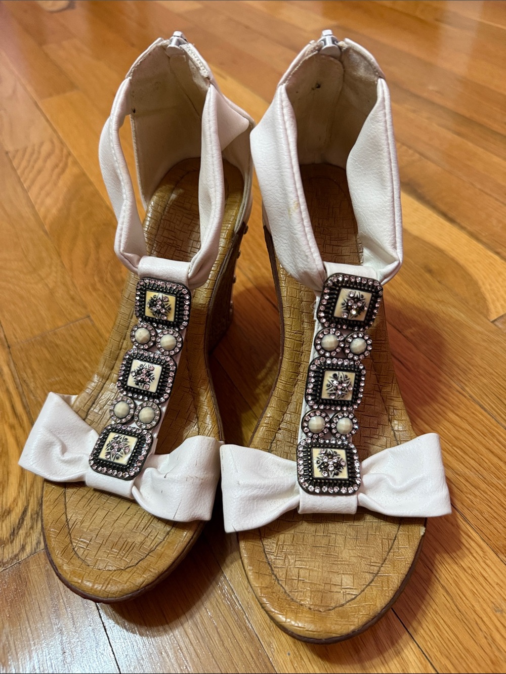 Women's White Jeweled T-Strap Wedge Sandals